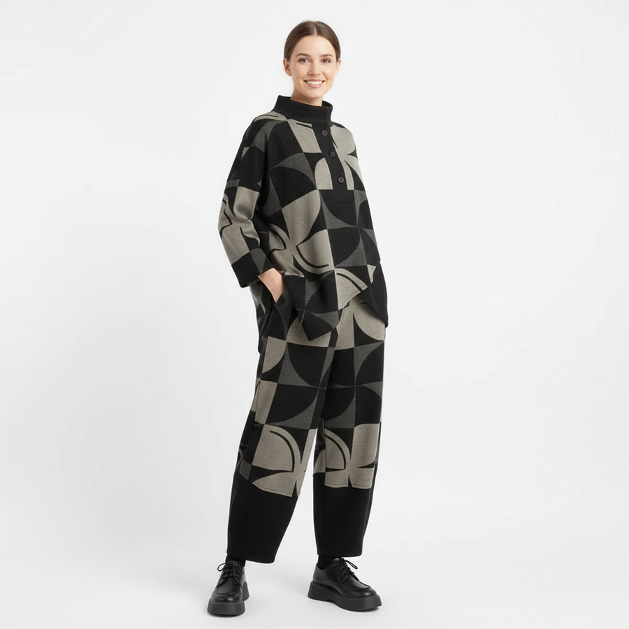Oversized Geometric Print Two-Piece Set – Relaxed Fit Knit Lounge Wear-SimpleModerne
