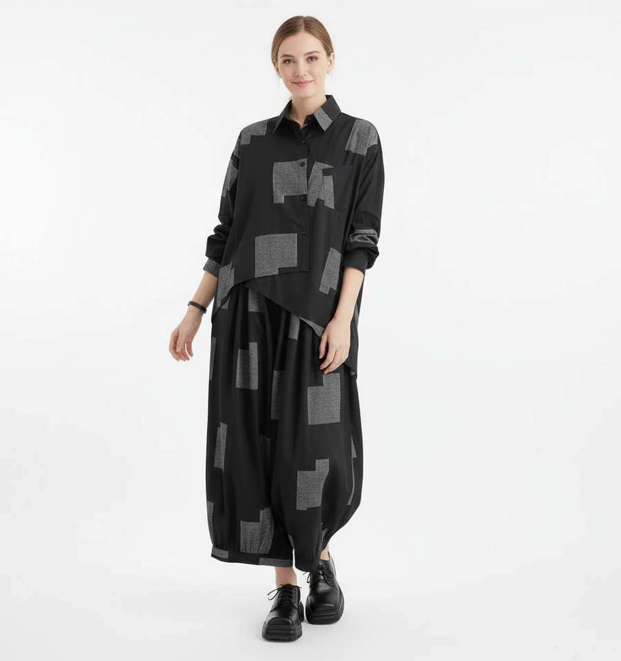 Urban Patchwork Two-Piece Set – Asymmetric Shirt & Wide Capri Pants-SimpleModerne