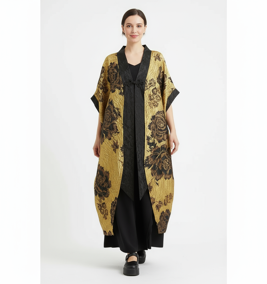 Golden Hour Crinkled Floral Cape Kimono – Dramatic Vintage Glamour-SimpleModerne