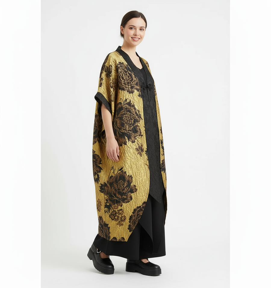 Golden Hour Crinkled Floral Cape Kimono – Dramatic Vintage Glamour-SimpleModerne