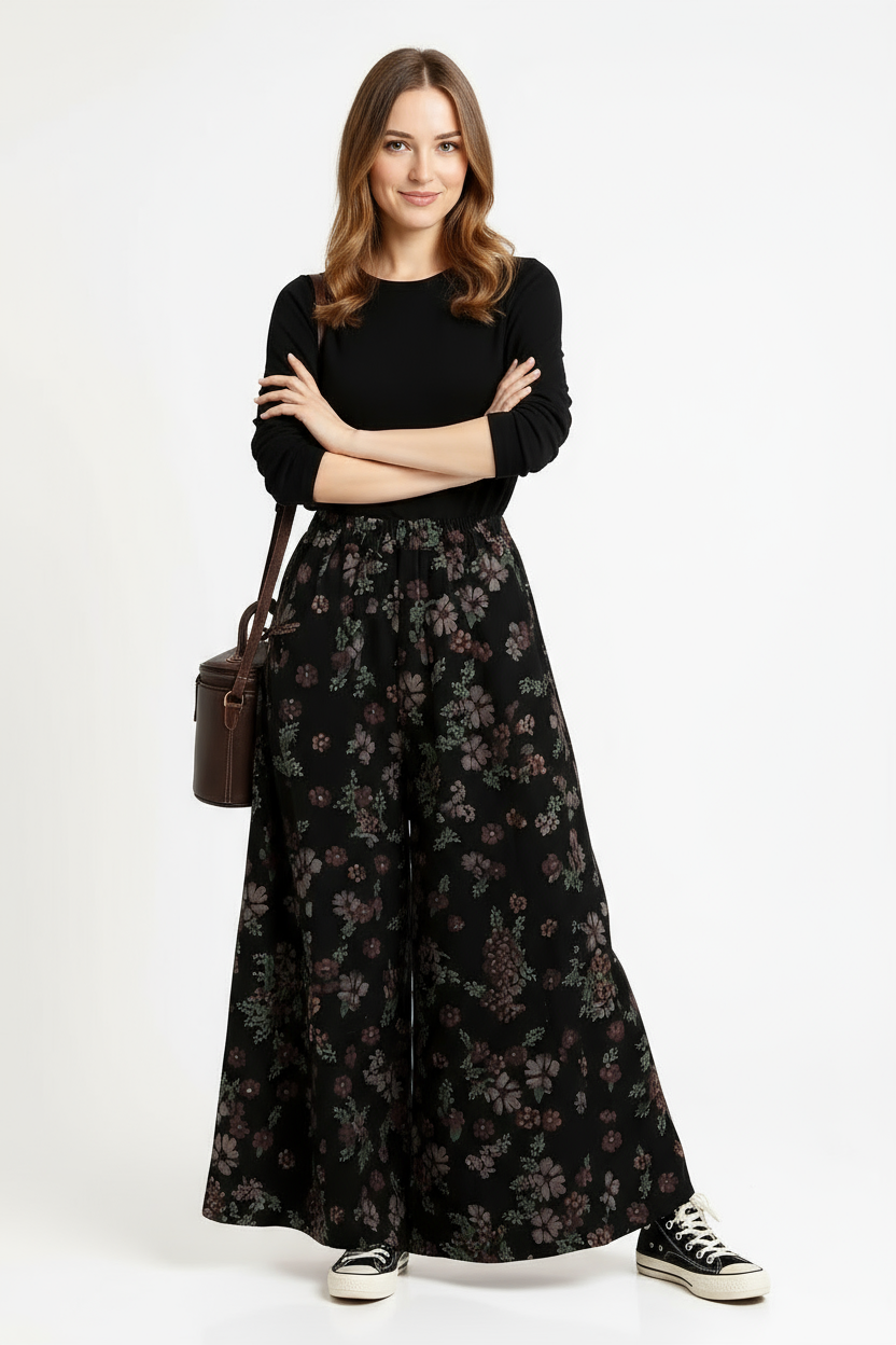 Floral Wide-Leg Trousers – Vintage Punk Vibes-SimpleModerne