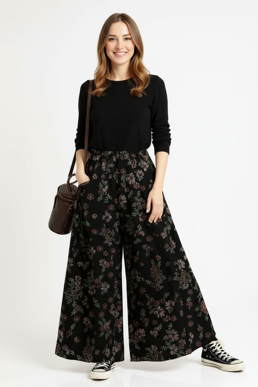 Floral Wide-Leg Trousers – Vintage Punk Vibes-SimpleModerne