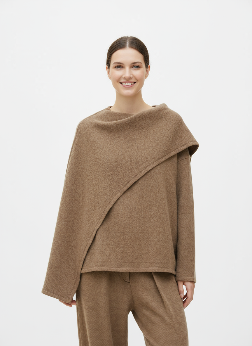 Khaki Bandage Drape Pullover – Asymmetric Layered Look-SimpleModerne