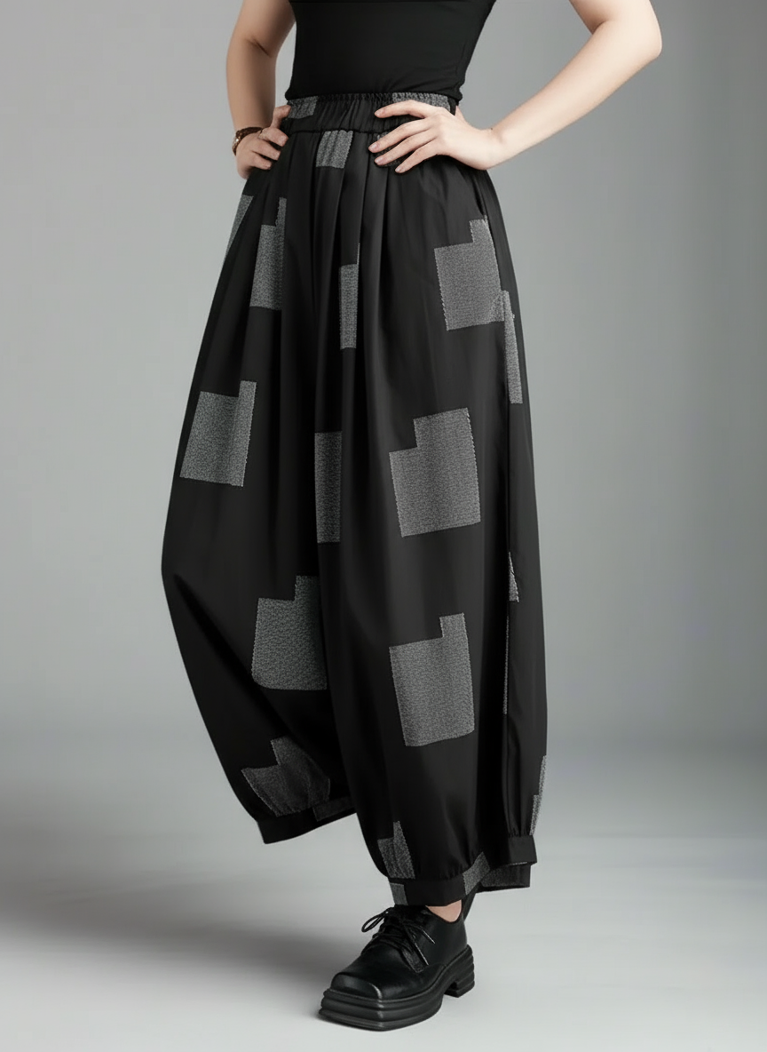 Punky Patchwork Wide-Leg Capri Pants – Cropped Statement Trousers-SimpleModerne