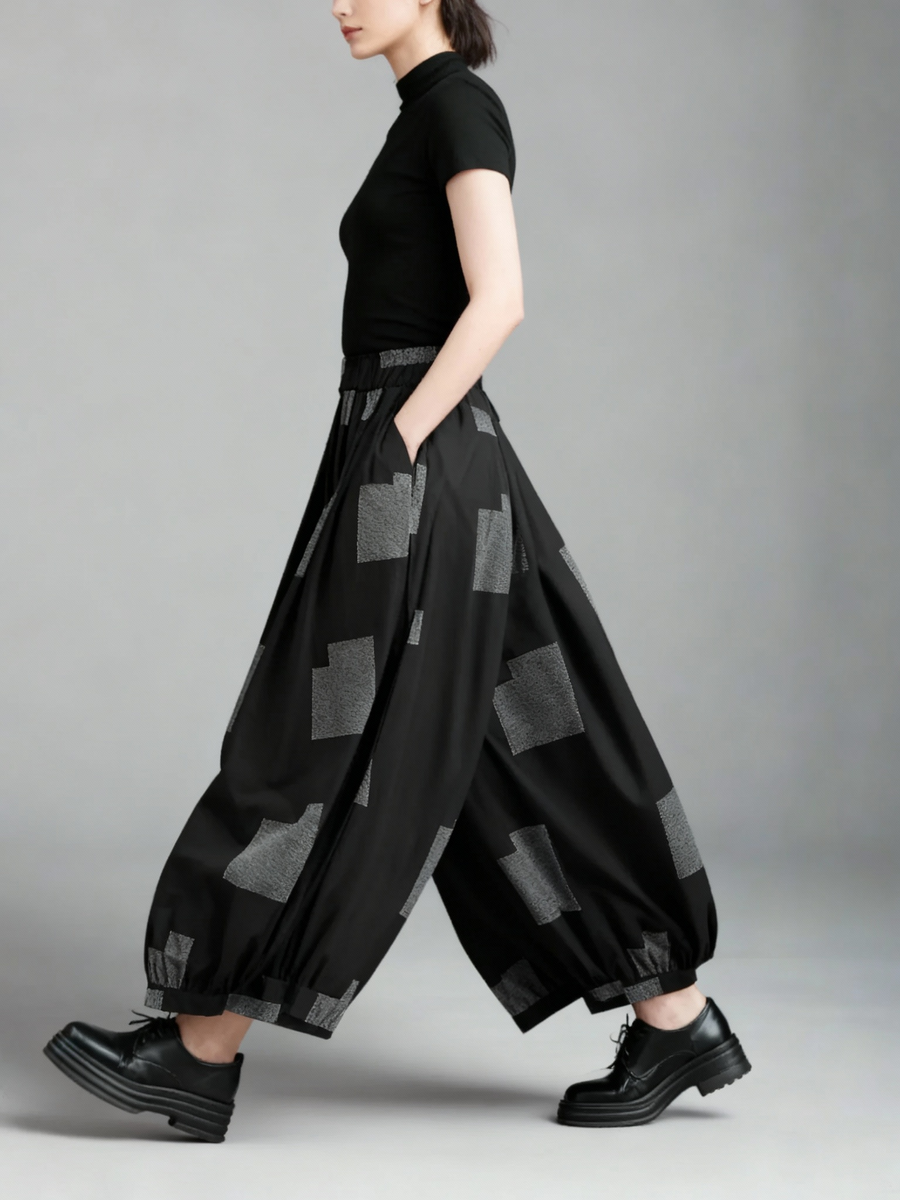 Punky Patchwork Wide-Leg Capri Pants – Cropped Statement Trousers-SimpleModerne