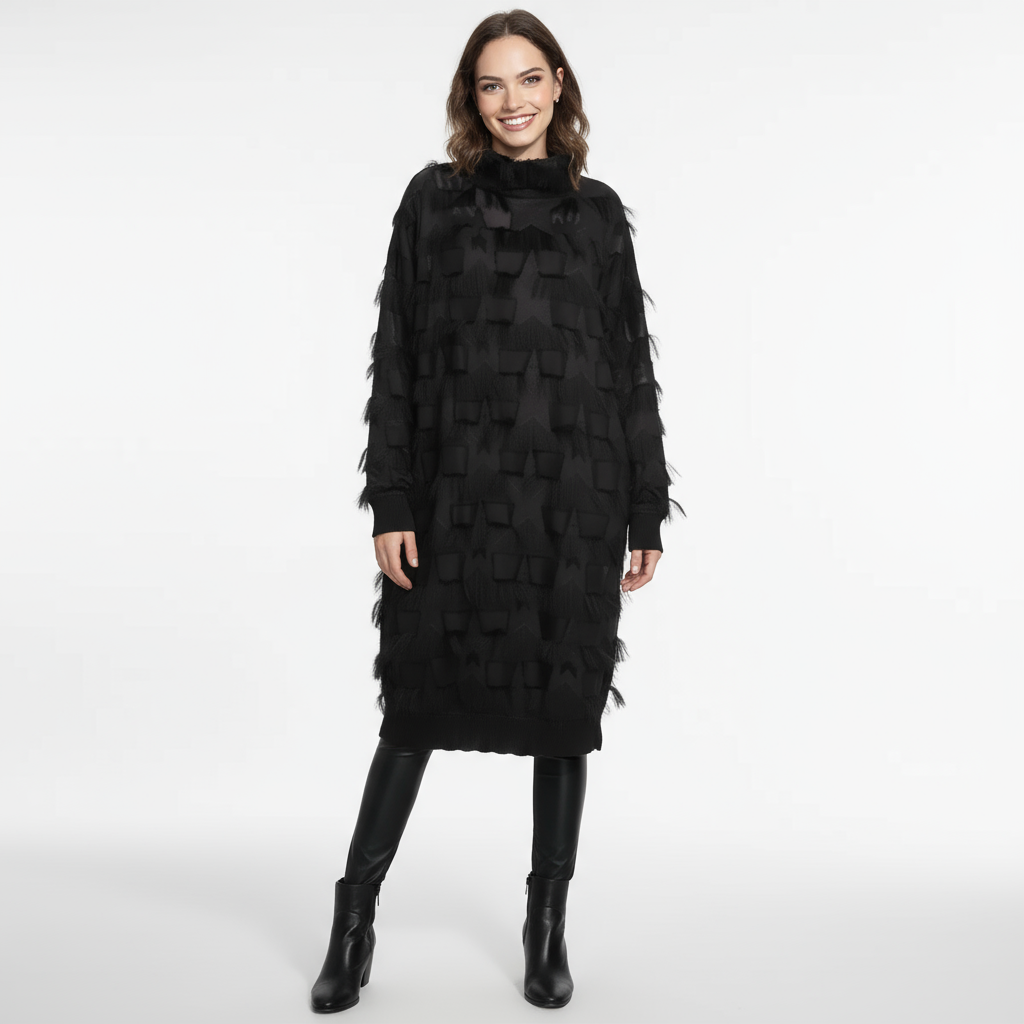 Edgy Sheer Pullover Dress with Side Splits and Textured Star Details-SimpleModerne