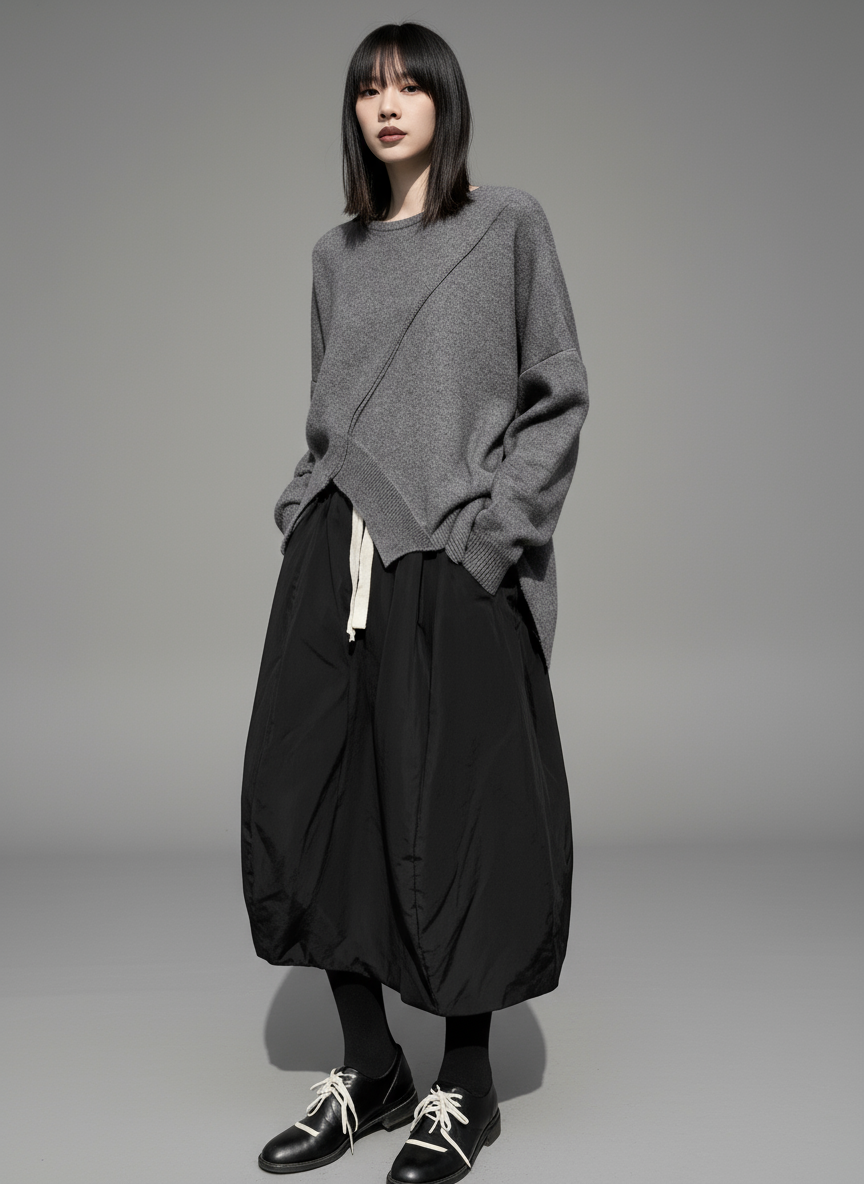 Asymmetrical Hem Oversized Knit Sweater – Gray | Casual Minimal Goth-SimpleModerne