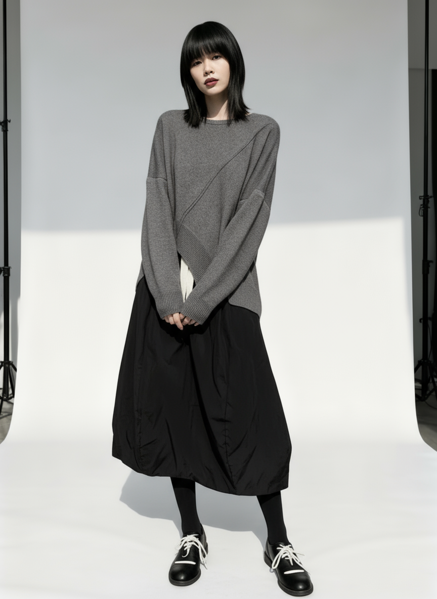 Asymmetrical Hem Oversized Knit Sweater – Gray | Casual Minimal Goth-SimpleModerne