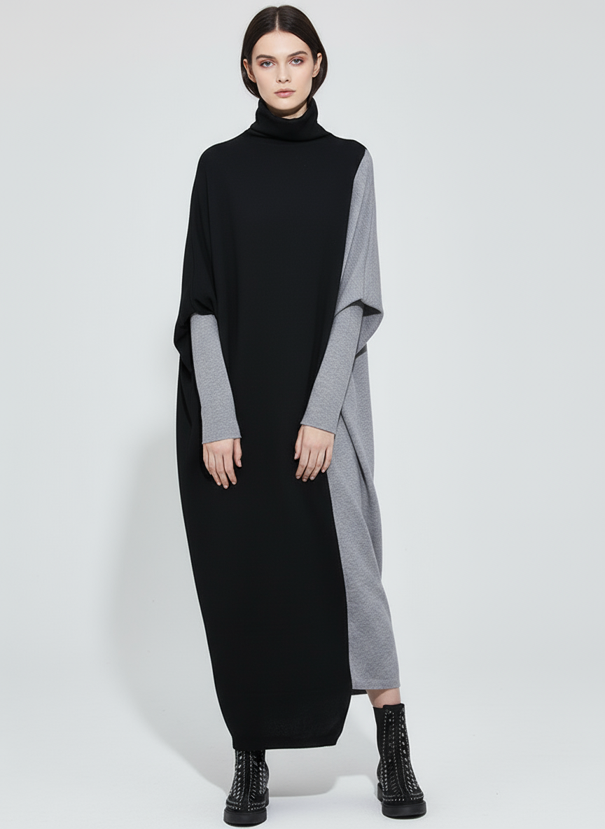 Oversized Knit Pullover Dress – Colorblock Black & Grey | Casual Minimal Goth-SimpleModerne