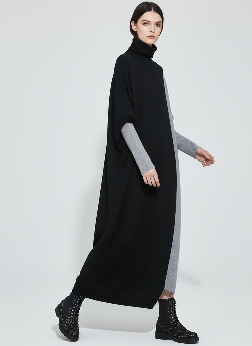 Oversized Knit Pullover Dress – Colorblock Black & Grey | Casual Minimal Goth-SimpleModerne