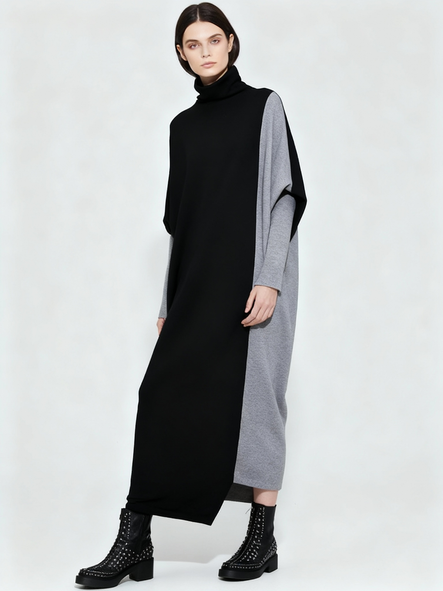 Oversized Knit Pullover Dress – Colorblock Black & Grey | Casual Minimal Goth-SimpleModerne