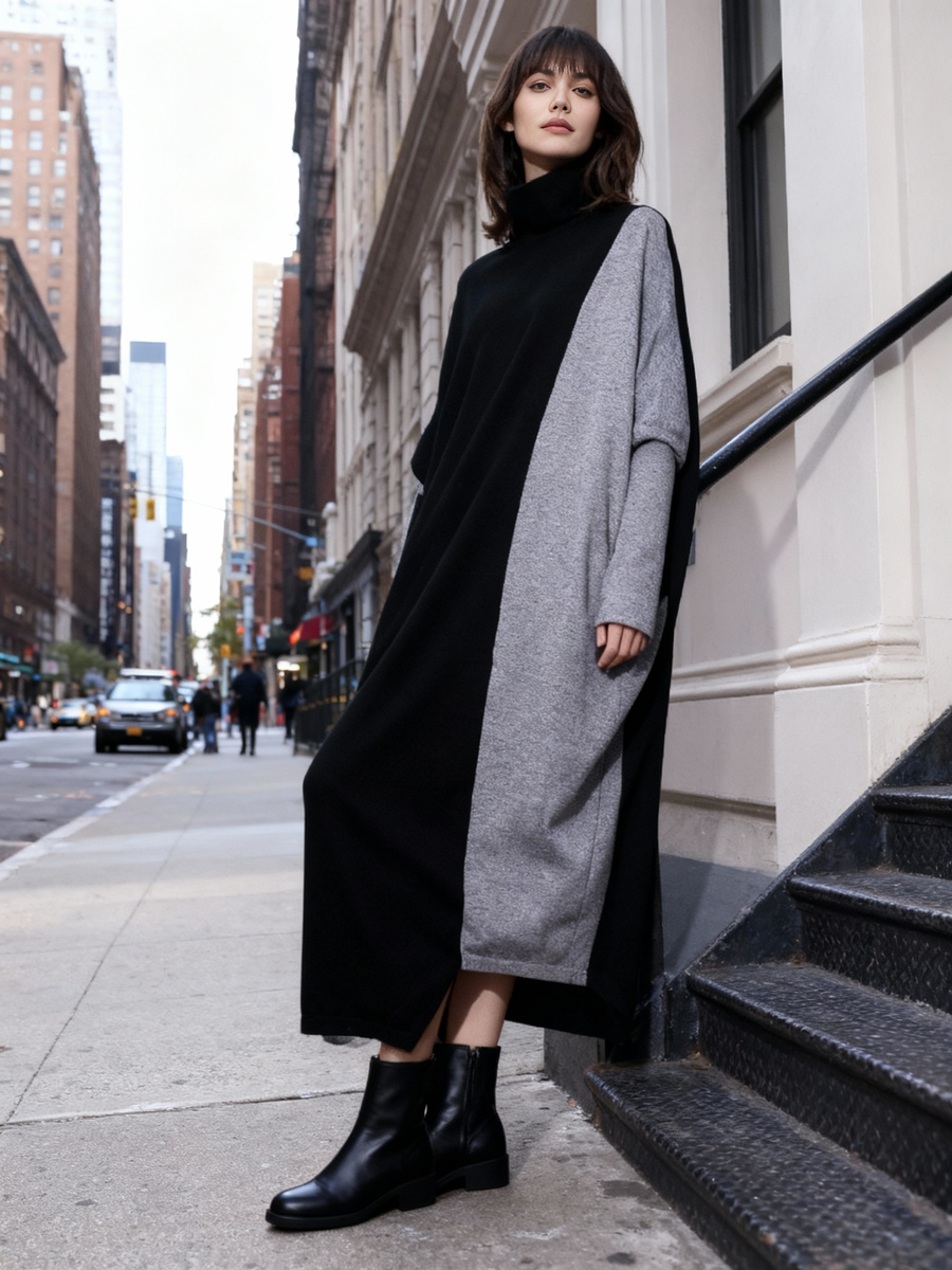 Oversized Coffee Brown & Black Colorblock Knit Maxi Pullover Dress – Asymmetrical Turtleneck Statement-SimpleModerne