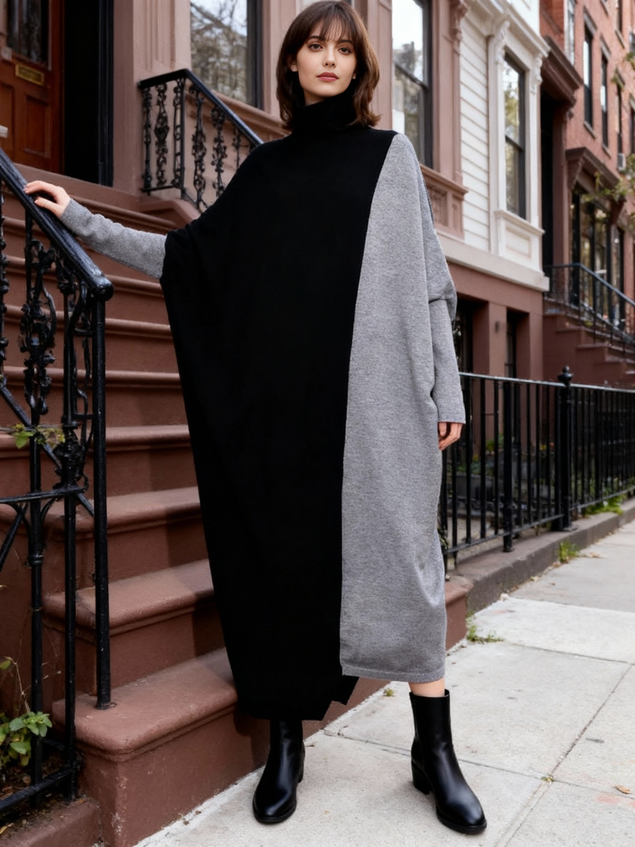 Oversized Knit Pullover Dress – Colorblock Black & Grey | Casual Minimal Goth-SimpleModerne