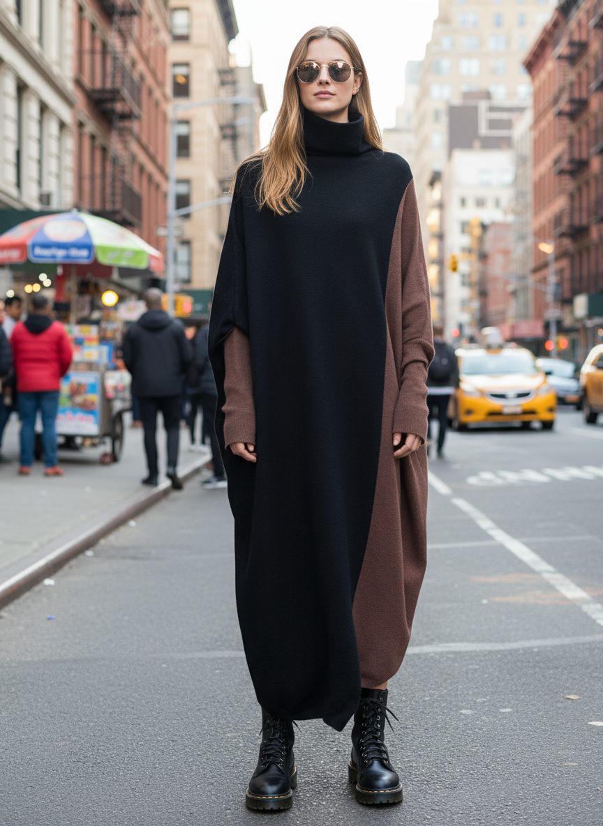 Oversized Coffee Brown & Black Colorblock Knit Maxi Pullover Dress – Asymmetrical Turtleneck Statement-SimpleModerne