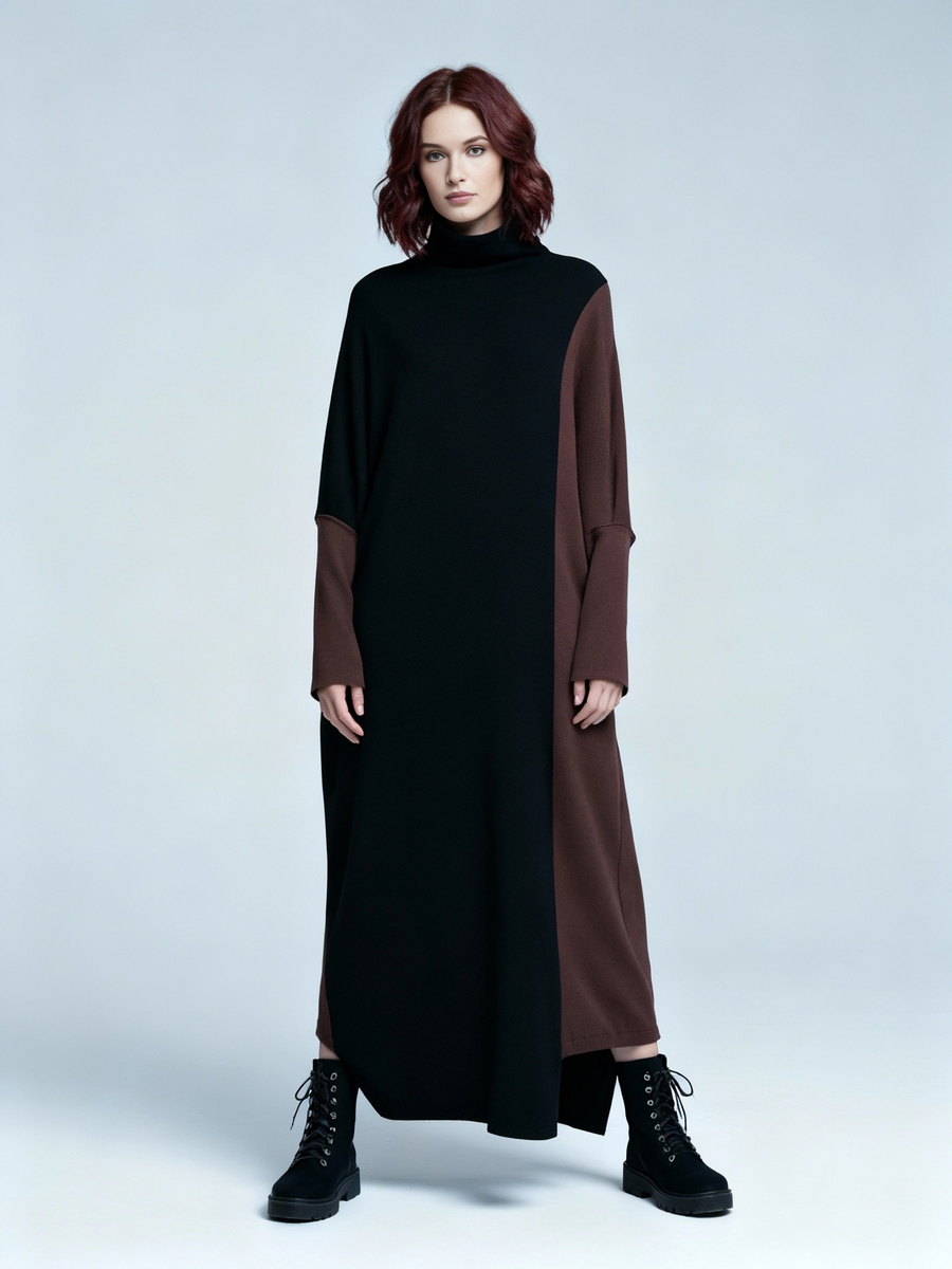 Oversized Coffee Brown & Black Colorblock Knit Maxi Pullover Dress – Asymmetrical Turtleneck Statement
