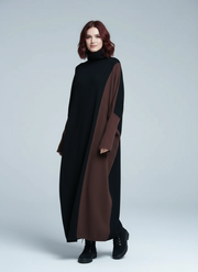 Oversized Coffee Brown & Black Colorblock Knit Maxi Pullover Dress – Asymmetrical Turtleneck Statement