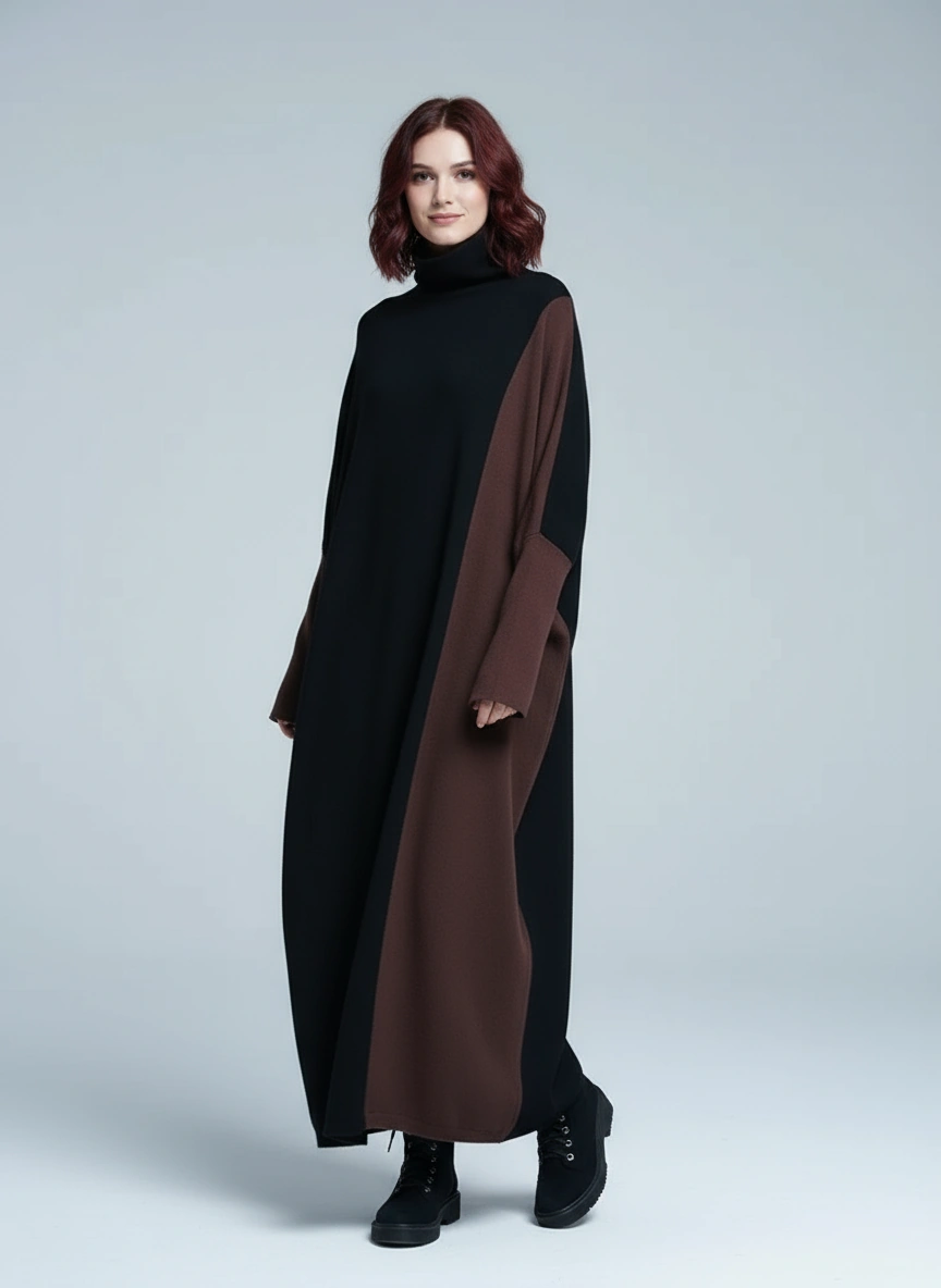 Oversized Coffee Brown & Black Colorblock Knit Maxi Pullover Dress – Asymmetrical Turtleneck Statement