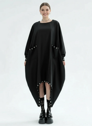 Oversized Rivet-Trim Pullover Dress – Punk-Inspired Cocoon Fit