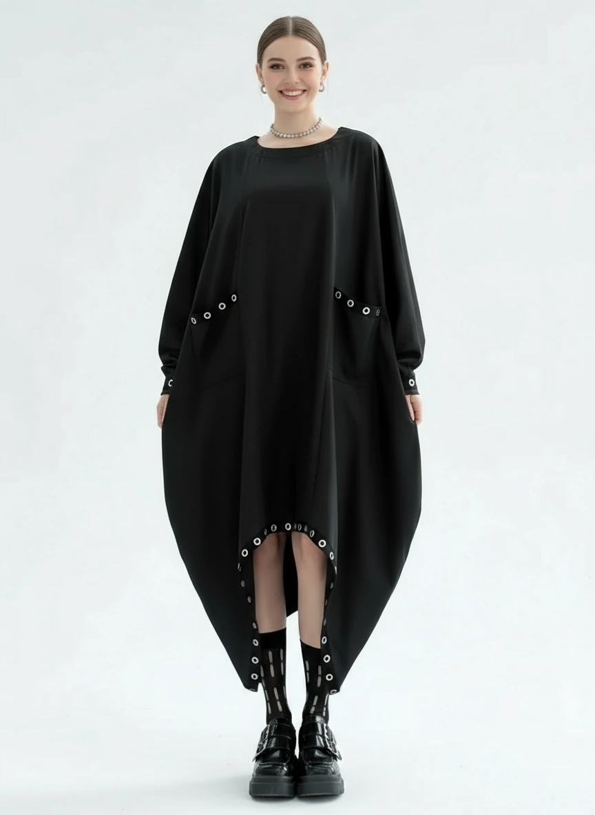 Oversized Rivet-Trim Pullover Dress – Punk-Inspired Cocoon Fit