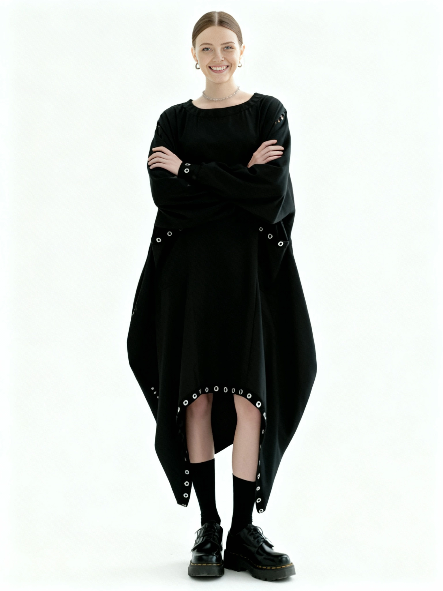 Oversized Rivet-Trim Pullover Dress – Punk-Inspired Cocoon Fit