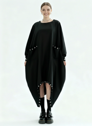Oversized Rivet-Trim Pullover Dress – Punk-Inspired Cocoon Fit