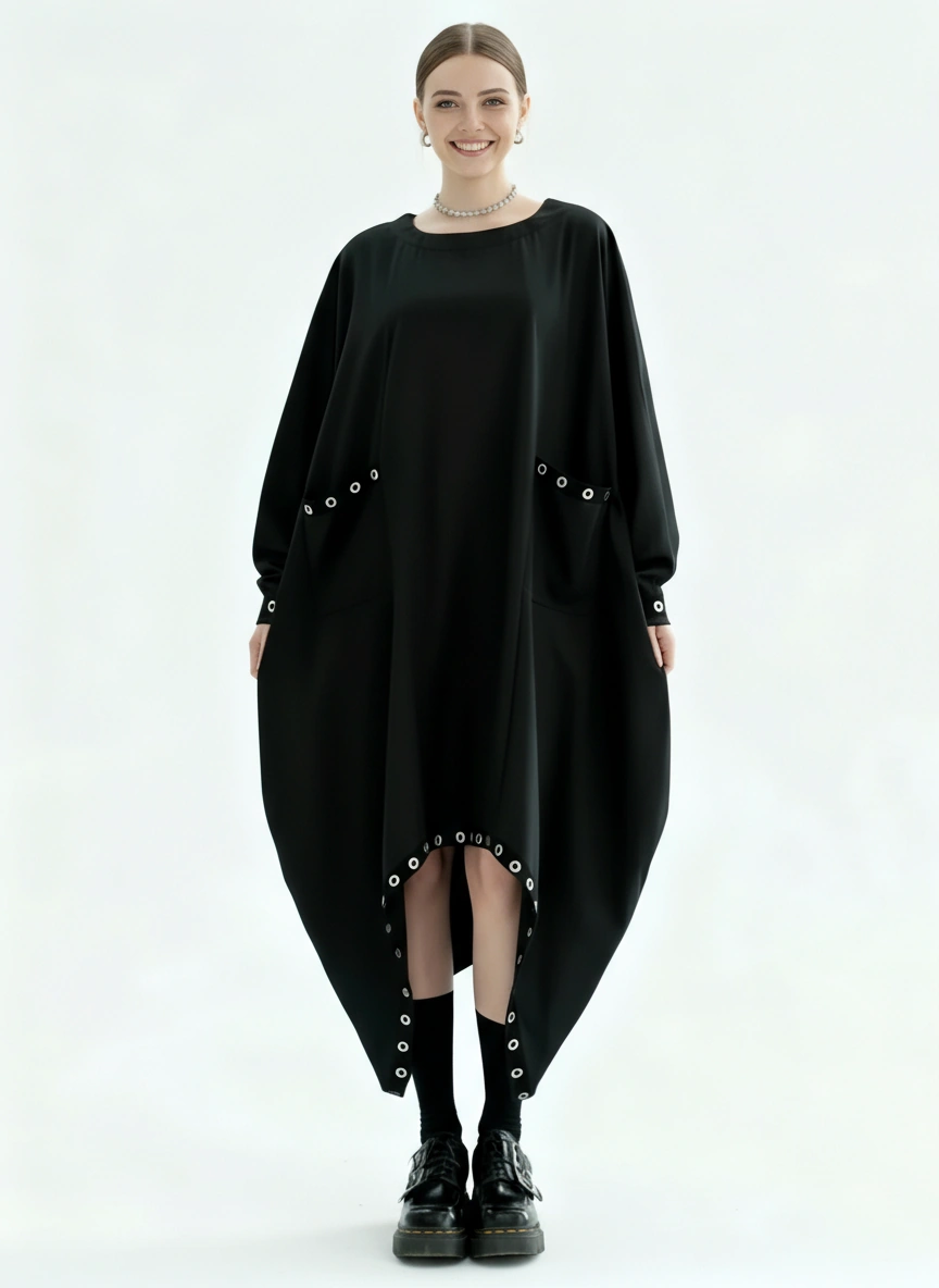 Oversized Rivet-Trim Pullover Dress – Punk-Inspired Cocoon Fit
