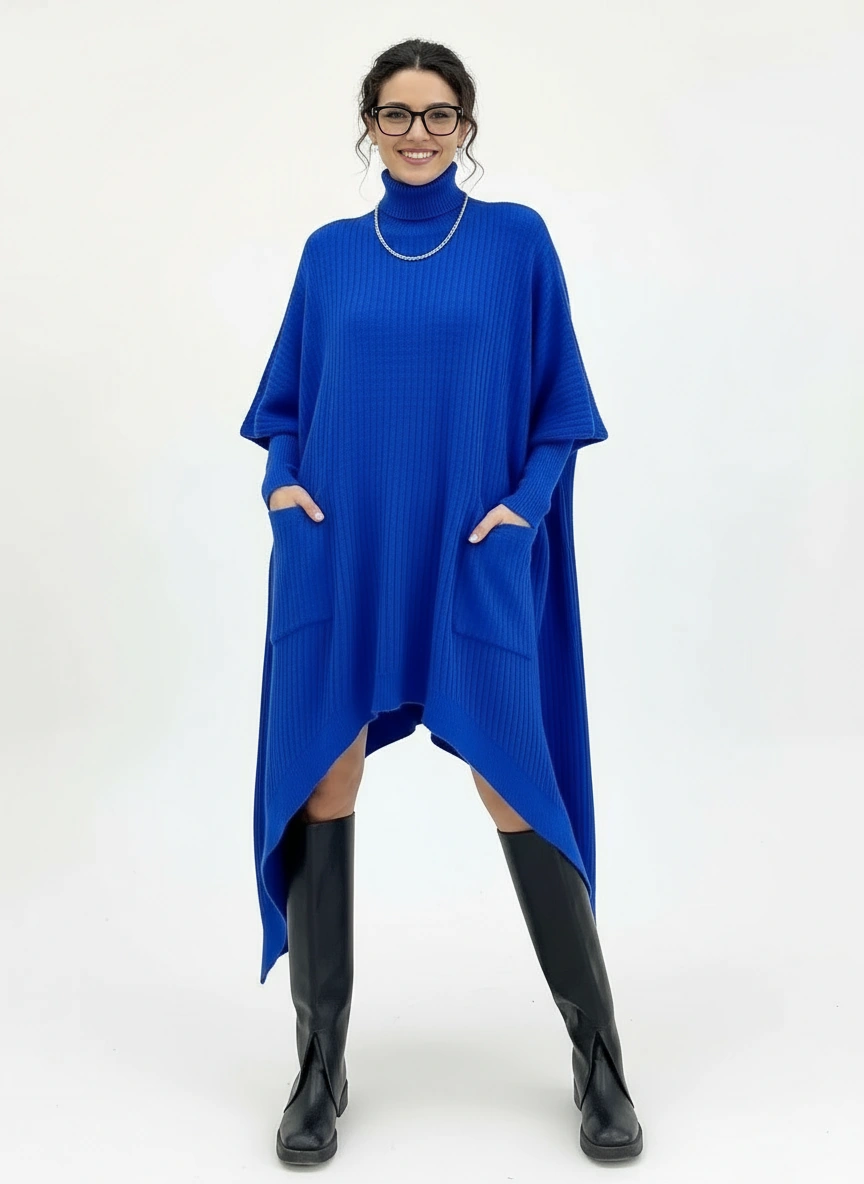 Cobalt Blue Oversized Knit Pullover Dress with Turtleneck & Asymmetrical Hem-SimpleModerne