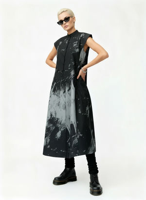Gothic Sleeveless Tie-Dye Print Dress with Mandarin Collar