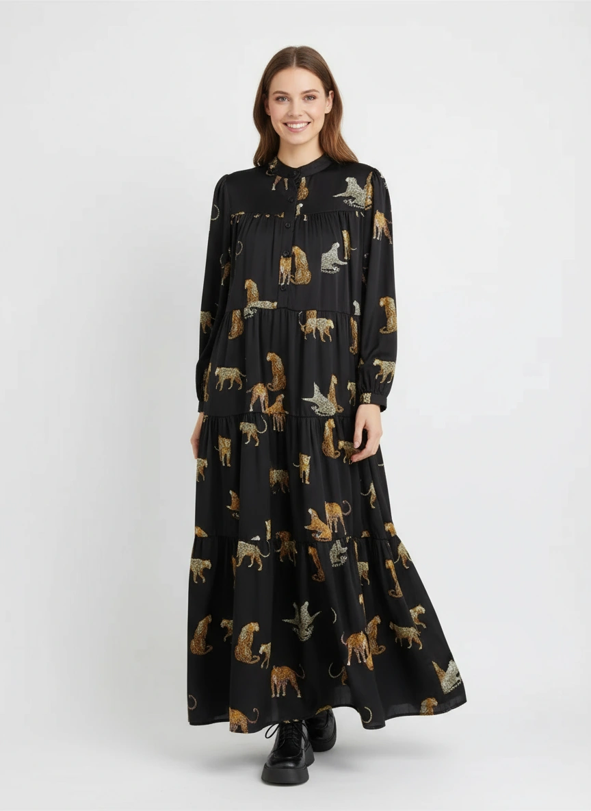 Tiered A-Line Maxi Dress with Jungle Cat Print-SimpleModerne