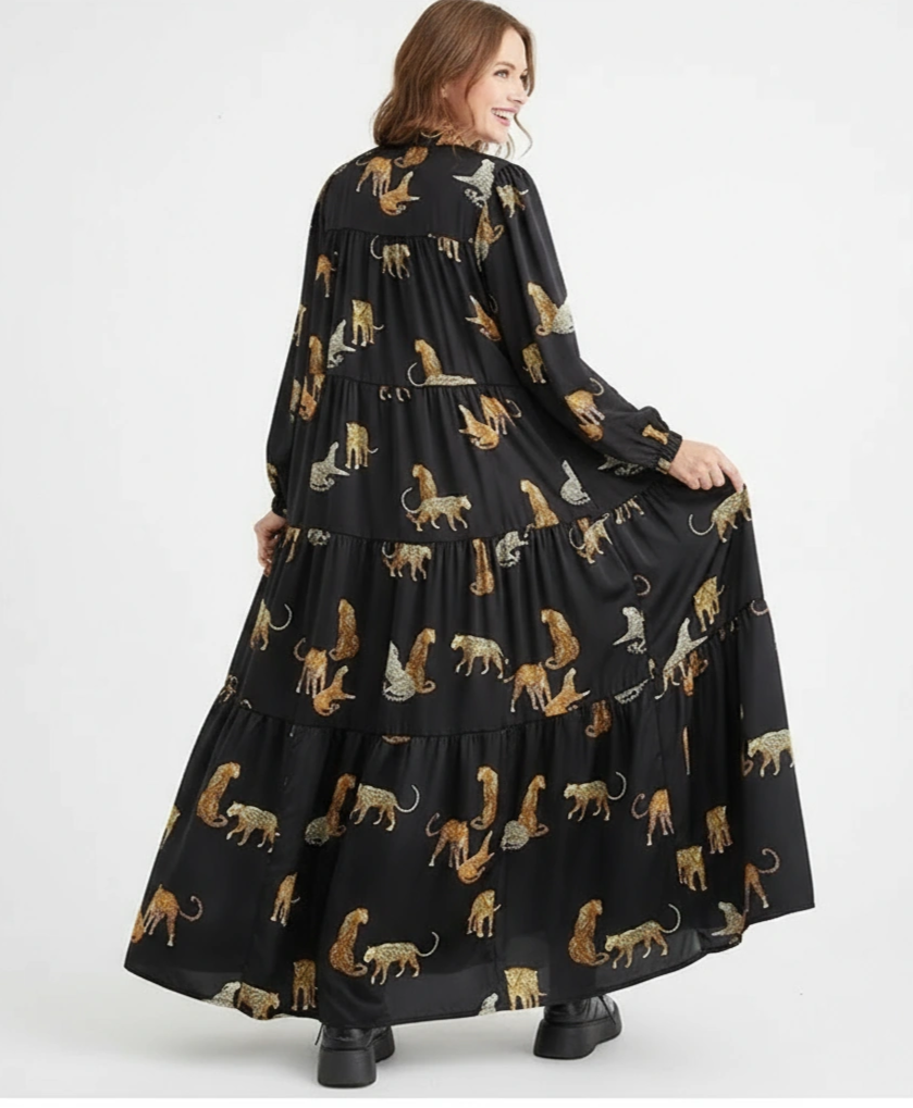 Tiered A-Line Maxi Dress with Jungle Cat Print-SimpleModerne