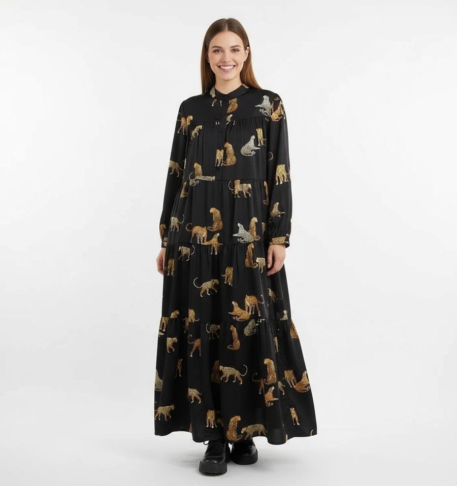 Tiered A-Line Maxi Dress with Jungle Cat Print-SimpleModerne