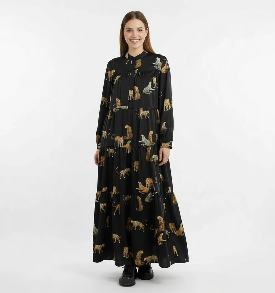 Tiered A-Line Maxi Dress with Jungle Cat Print-SimpleModerne