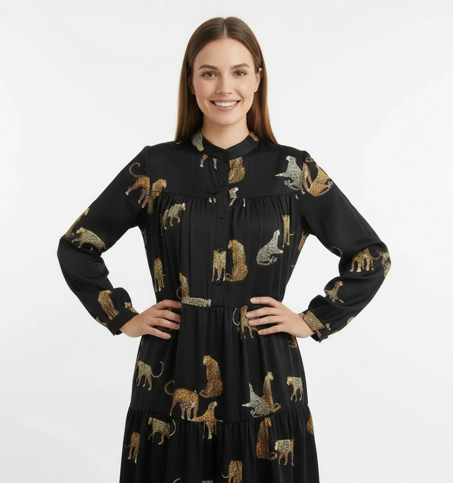 Tiered A-Line Maxi Dress with Jungle Cat Print-SimpleModerne