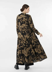 Loose Fit Black Shirt Dress with Abstract Brown Floral Print-SimpleModerne