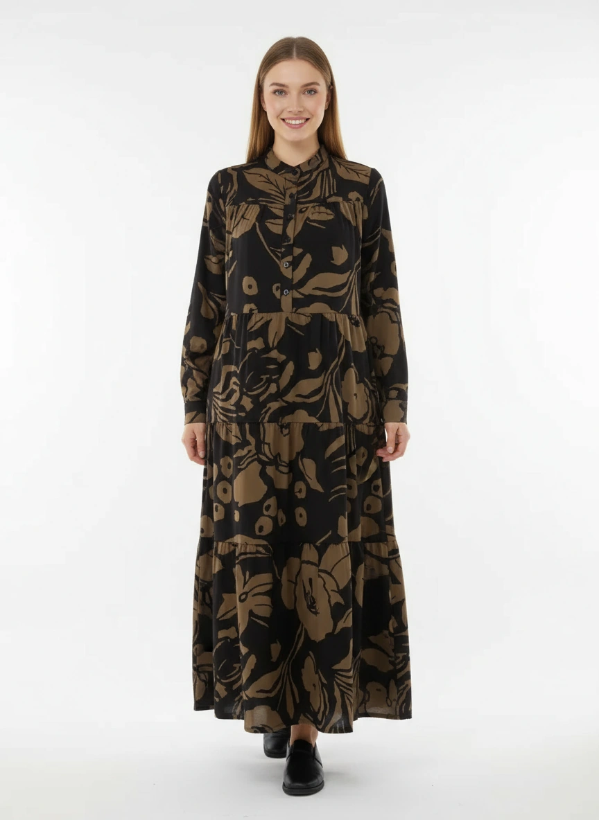 Loose Fit Black Shirt Dress with Abstract Brown Floral Print-SimpleModerne