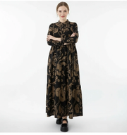 Loose Fit Black Shirt Dress with Abstract Brown Floral Print-SimpleModerne