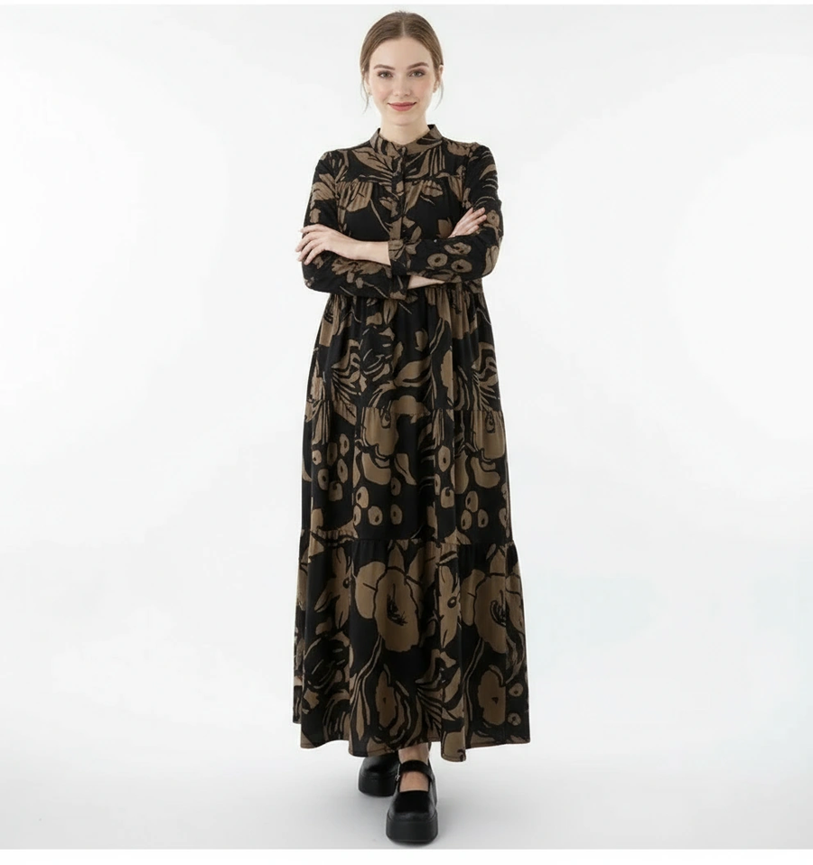 Loose Fit Black Shirt Dress with Abstract Brown Floral Print-SimpleModerne