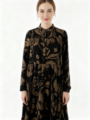 Loose Fit Black Shirt Dress with Abstract Brown Floral Print-SimpleModerne
