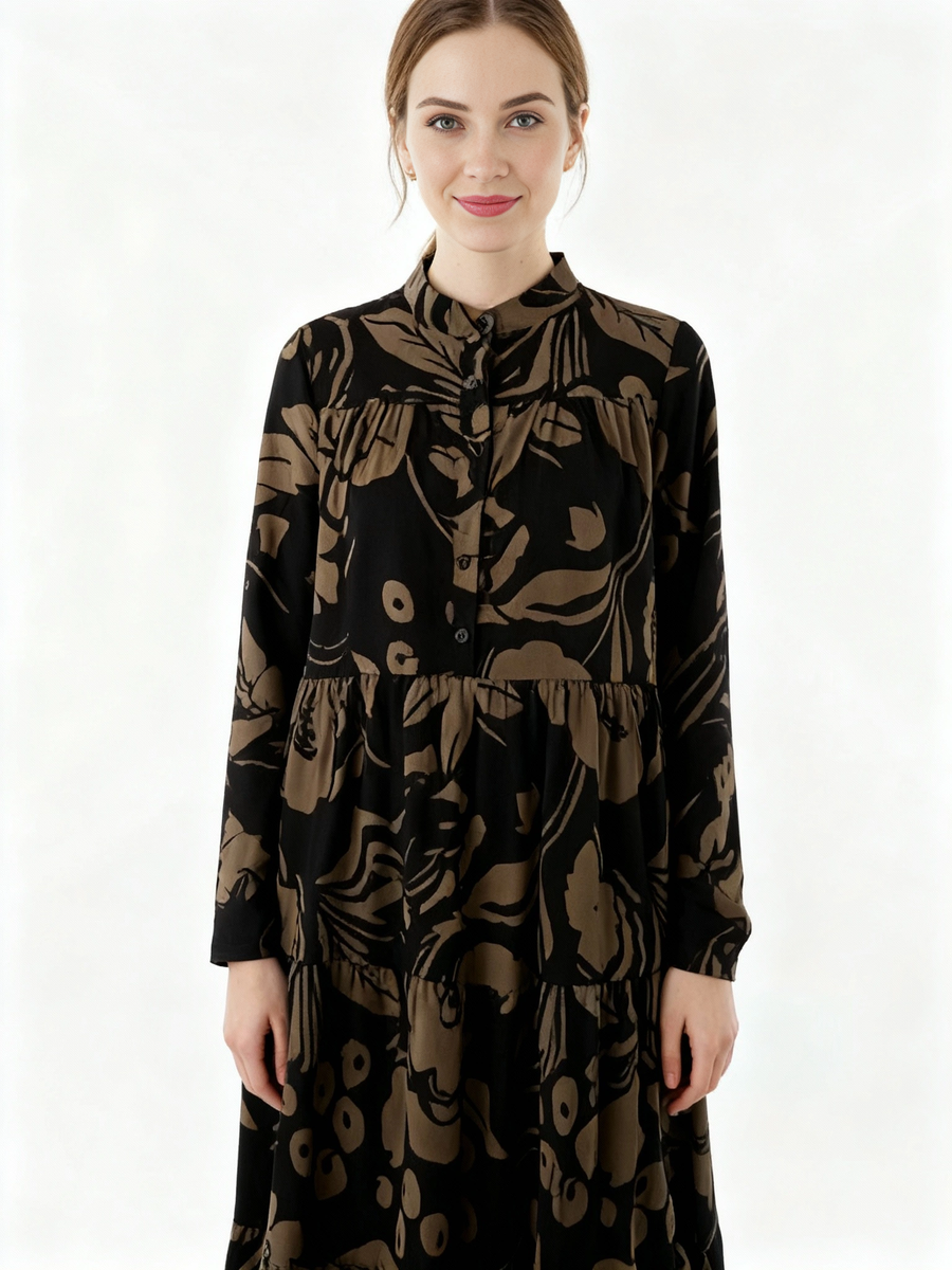 Loose Fit Black Shirt Dress with Abstract Brown Floral Print-SimpleModerne