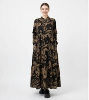 Loose Fit Black Shirt Dress with Abstract Brown Floral Print-SimpleModerne