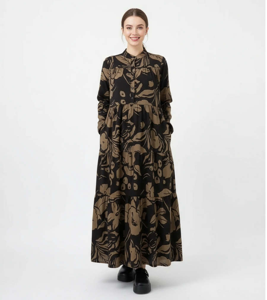 Loose Fit Black Shirt Dress with Abstract Brown Floral Print-SimpleModerne