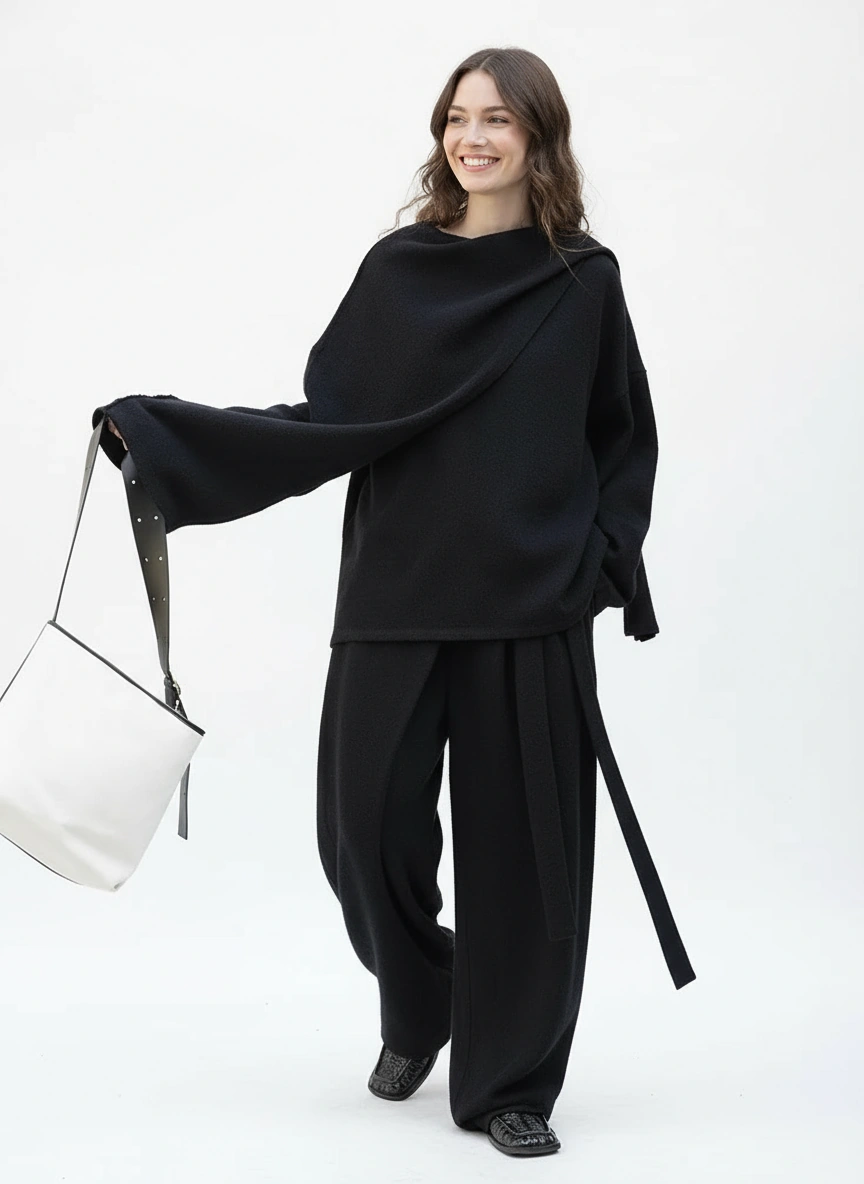 Asymmetrical Draped Black Pullover – Oversized Knit Top for Minimalist Looks