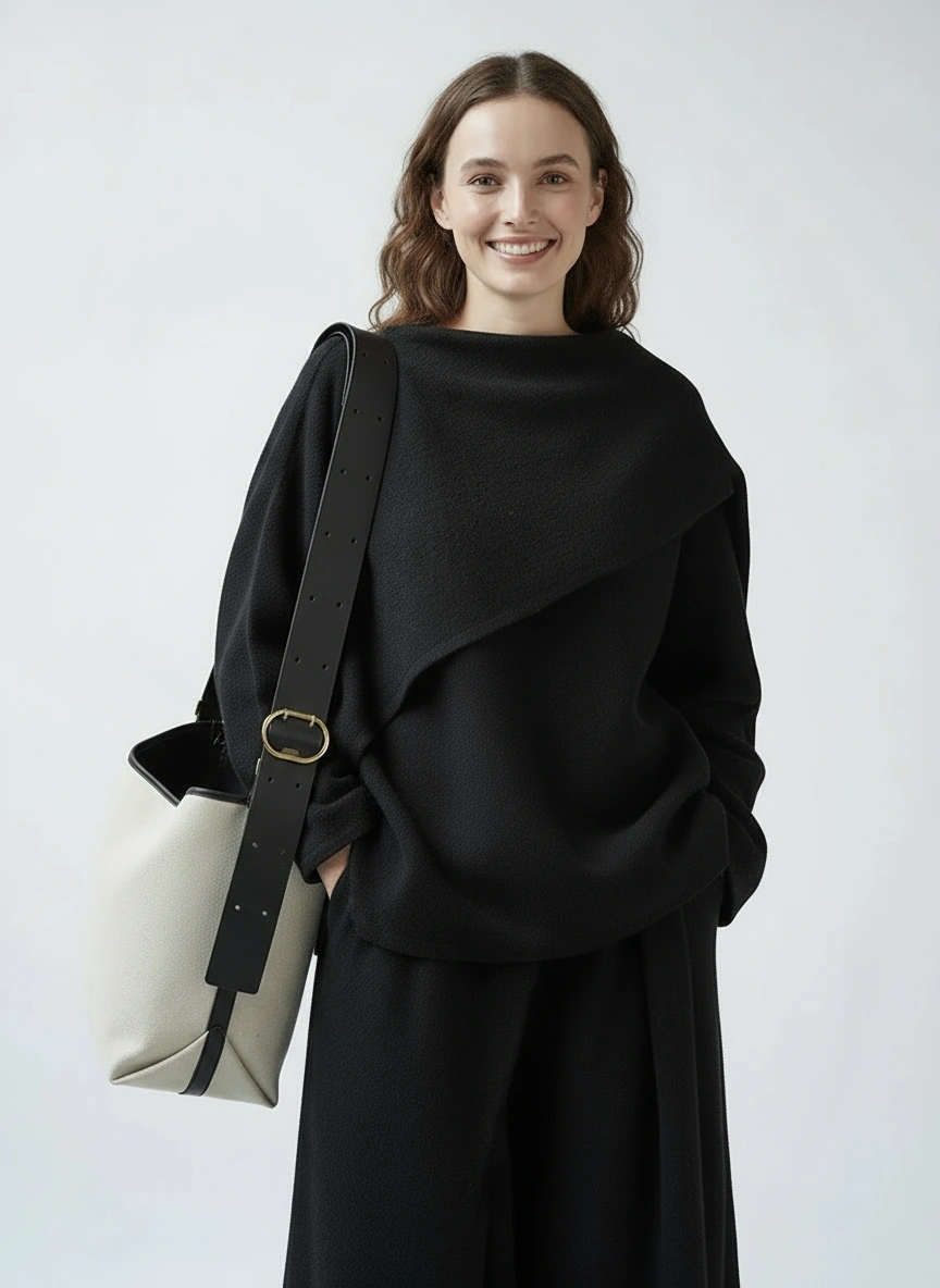 Asymmetrical Draped Black Pullover – Oversized Knit Top for Minimalist Looks