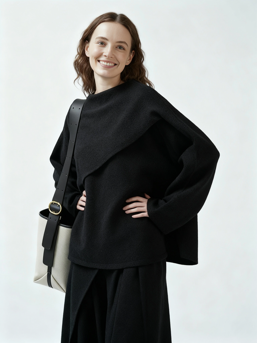 Asymmetrical Draped Black Pullover – Oversized Knit Top for Minimalist Looks