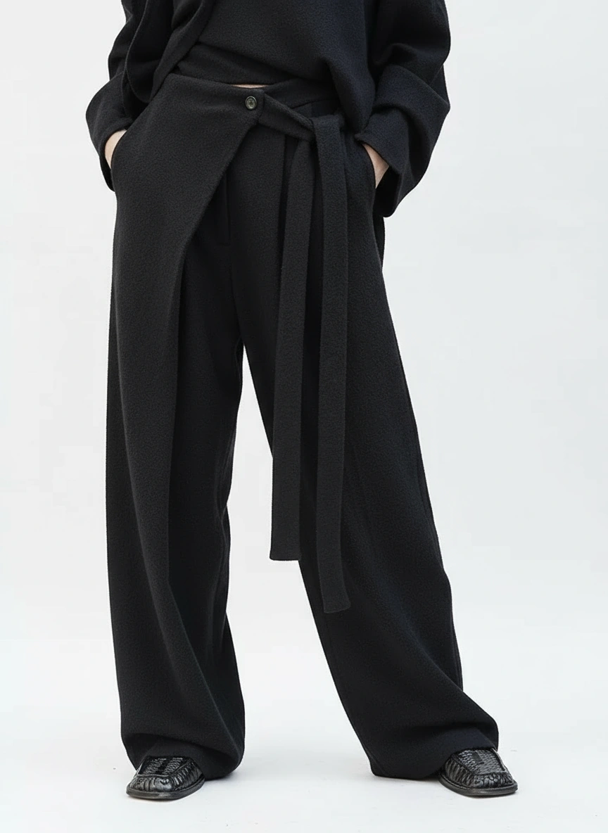 Asymmetrical Draped Black Trousers – Wide-Leg Knit Pants with Belted Detail