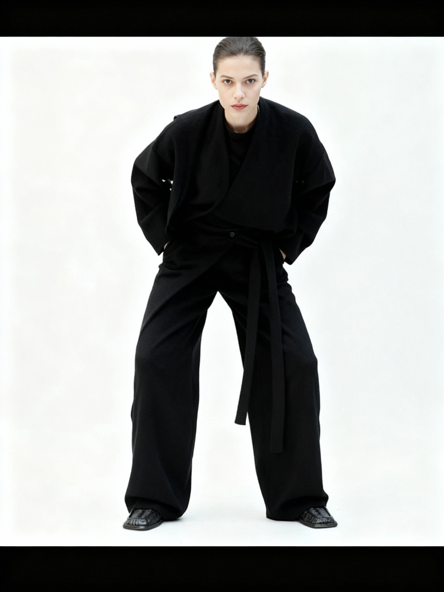 Asymmetrical Draped Black Trousers – Wide-Leg Knit Pants with Belted Detail