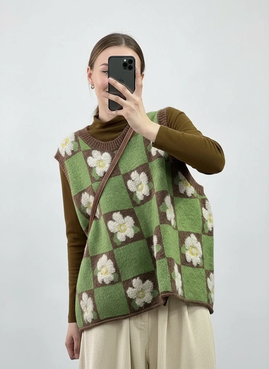 Vintage Floral Checkerboard Knit Vest – Sleeveless Pullover