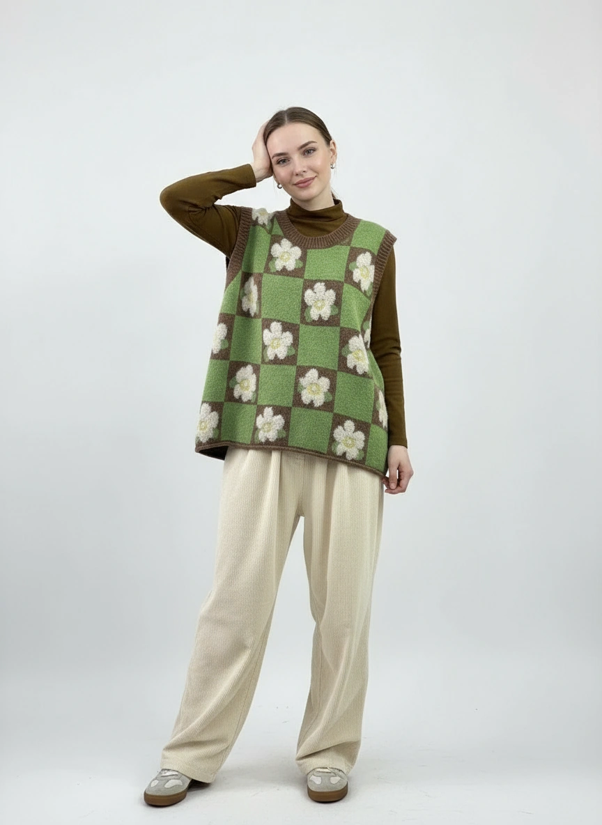 Vintage Floral Checkerboard Knit Vest – Sleeveless Pullover