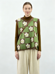 Vintage Floral Checkerboard Knit Vest – Sleeveless Pullover