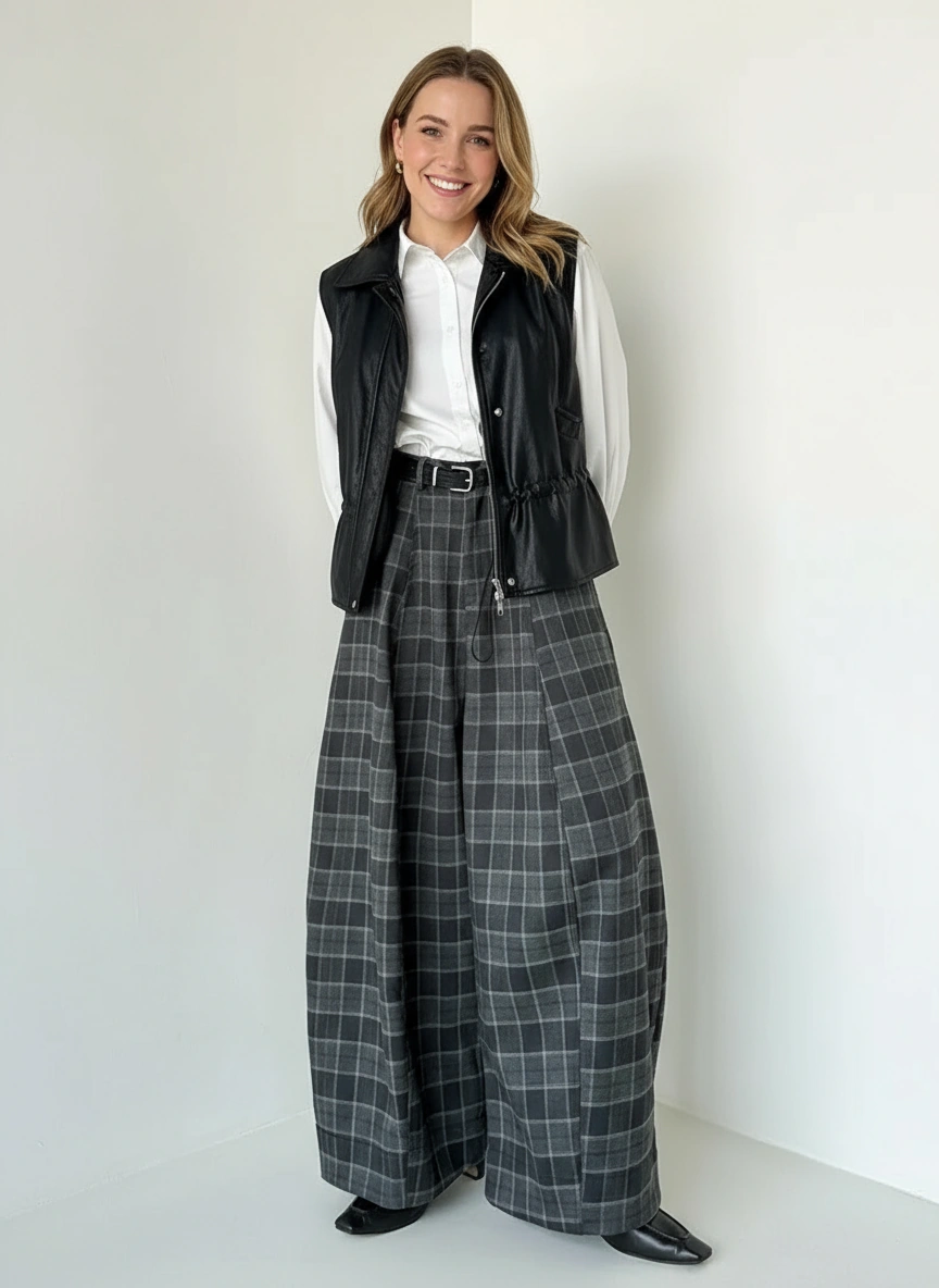 Gothic Plaid Super-Wide Trousers — Grey Windowpane
